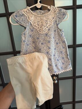 Savannah Blue Floral Lace-Yoke Tank Top with Cream Leggings